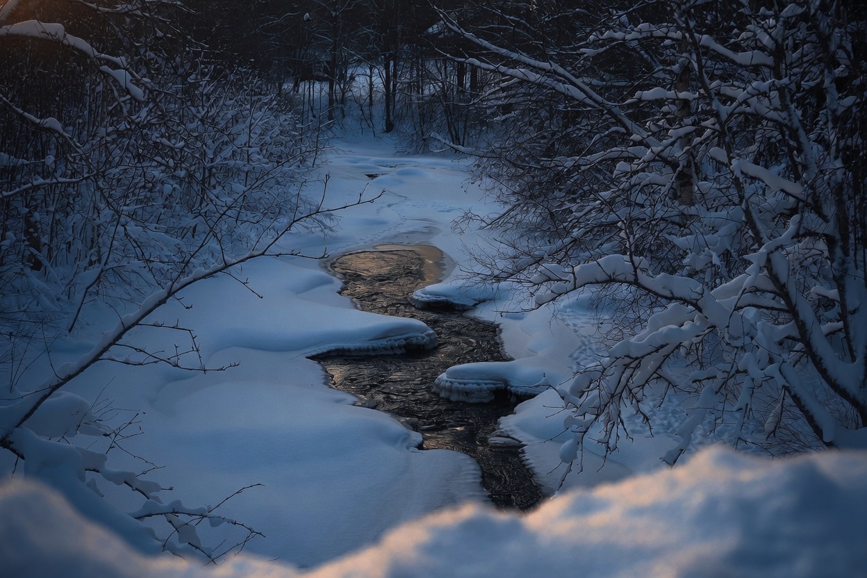 Täfteån vintertid, is och snö längs ån.