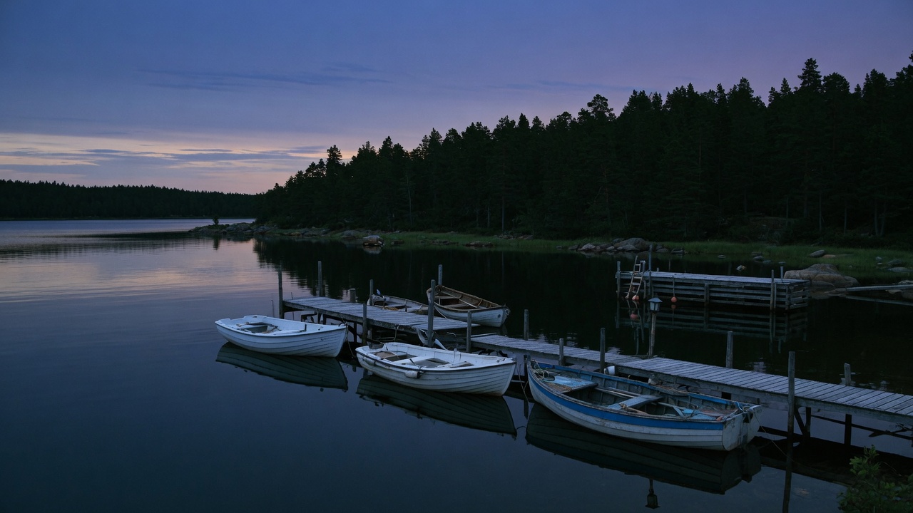 Stämning: småbåtshamn i kvällsljus. Genererad bild, inte foto av Strana.