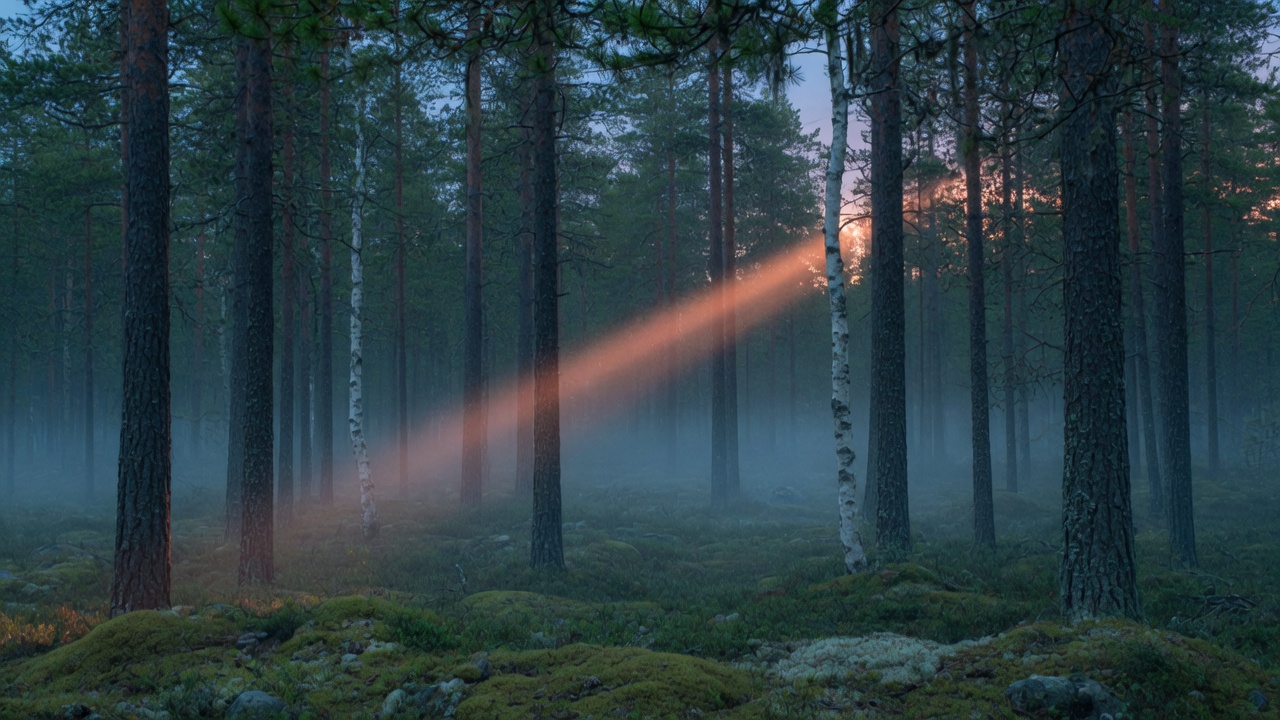 Stämning: tallskog i kvällsljus. Genererad bild.